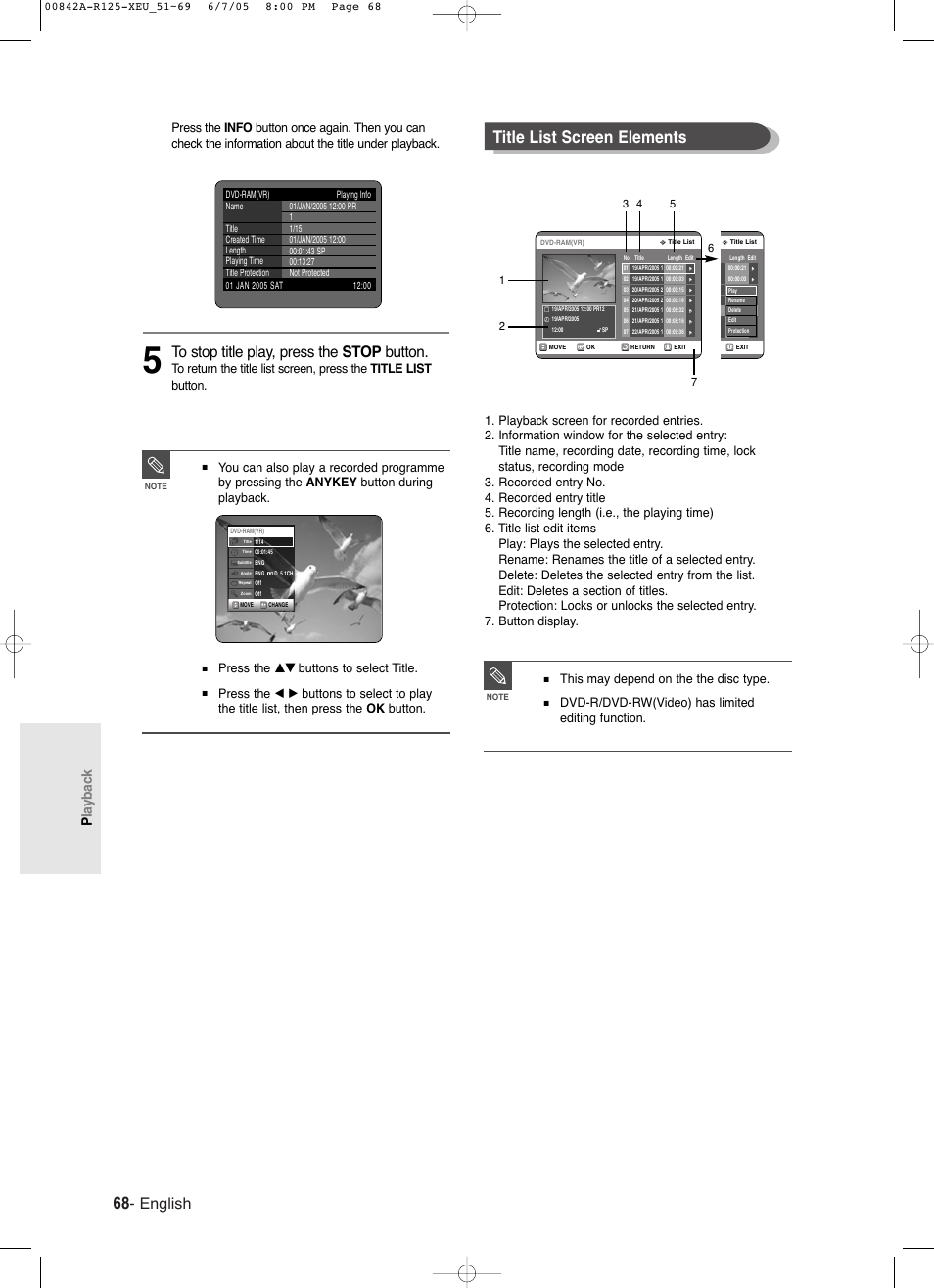 Title list screen elements, English, Playback | This may depend on the the disc type, Dvd-r/dvd-rw(video) has limited editing function, Press the …† buttons to select title | Samsung DVD-R125 User Manual | Page 68 / 93