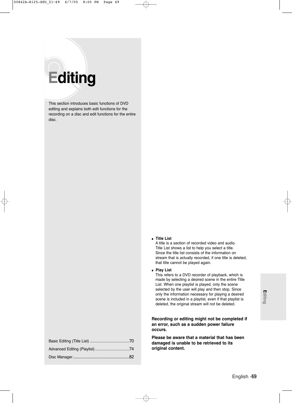 Editing | Samsung DVD-R125 User Manual | Page 69 / 93