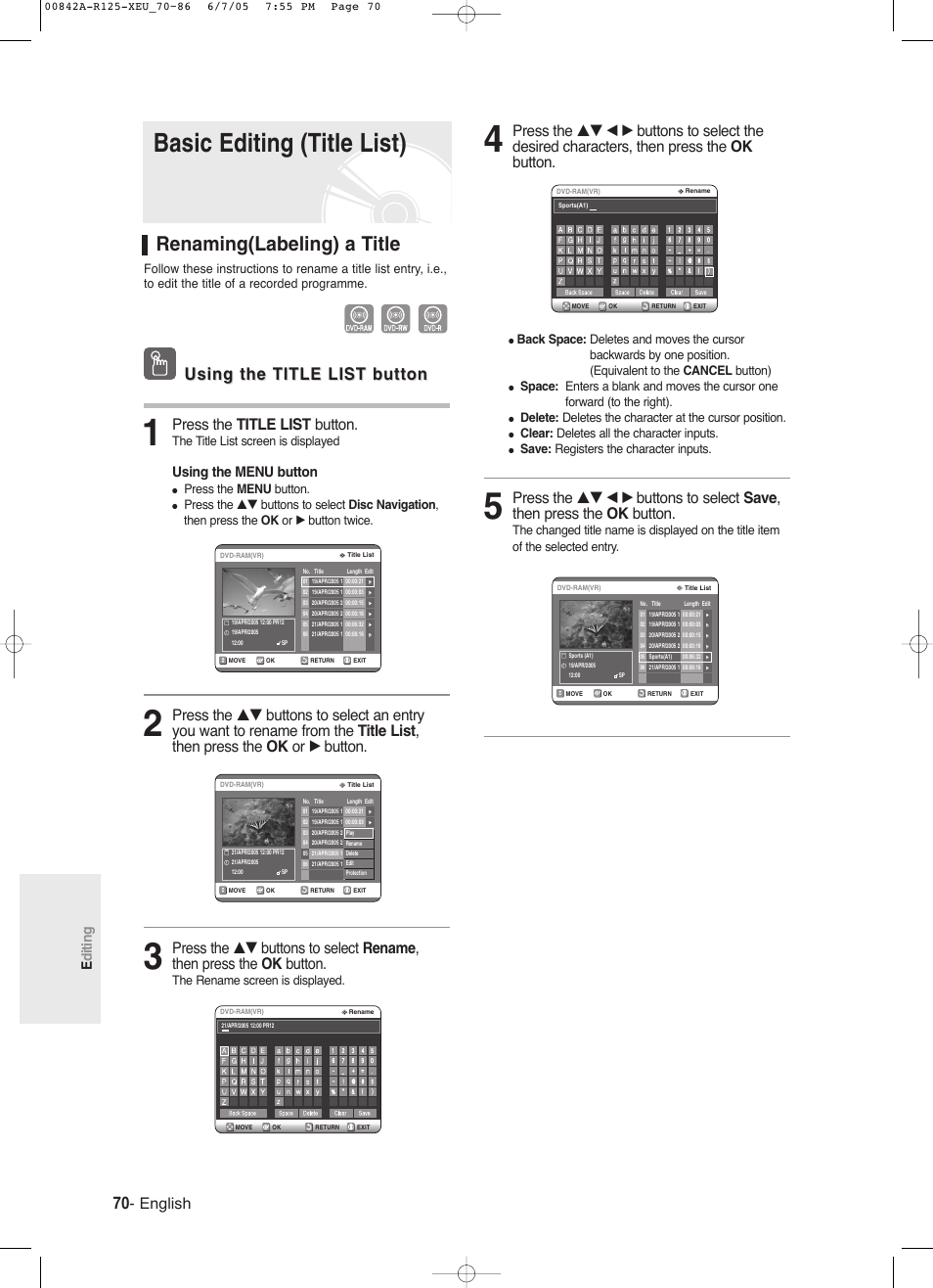 Basic editing (title list), Renaming(labeling) a title, Using the title list button | English, Press the title list button, Editing, Using the menu button, The title list screen is displayed, Press the menu button, The rename screen is displayed | Samsung DVD-R125 User Manual | Page 70 / 93