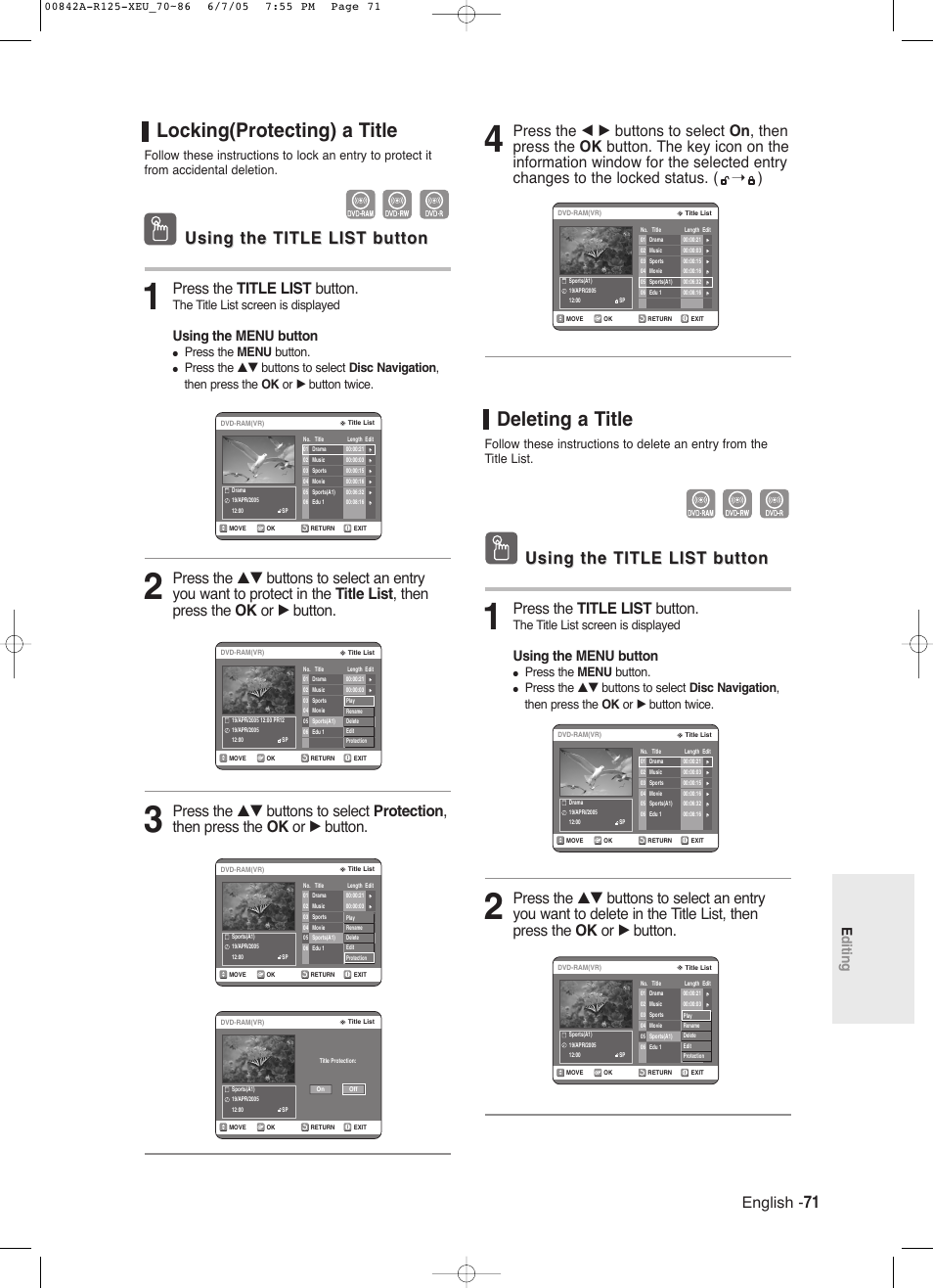 Locking(protecting) a title, Deleting a title, Using the title list button | English, Press the title list button, Editing, Using the menu button, The title list screen is displayed, Press the menu button | Samsung DVD-R125 User Manual | Page 71 / 93