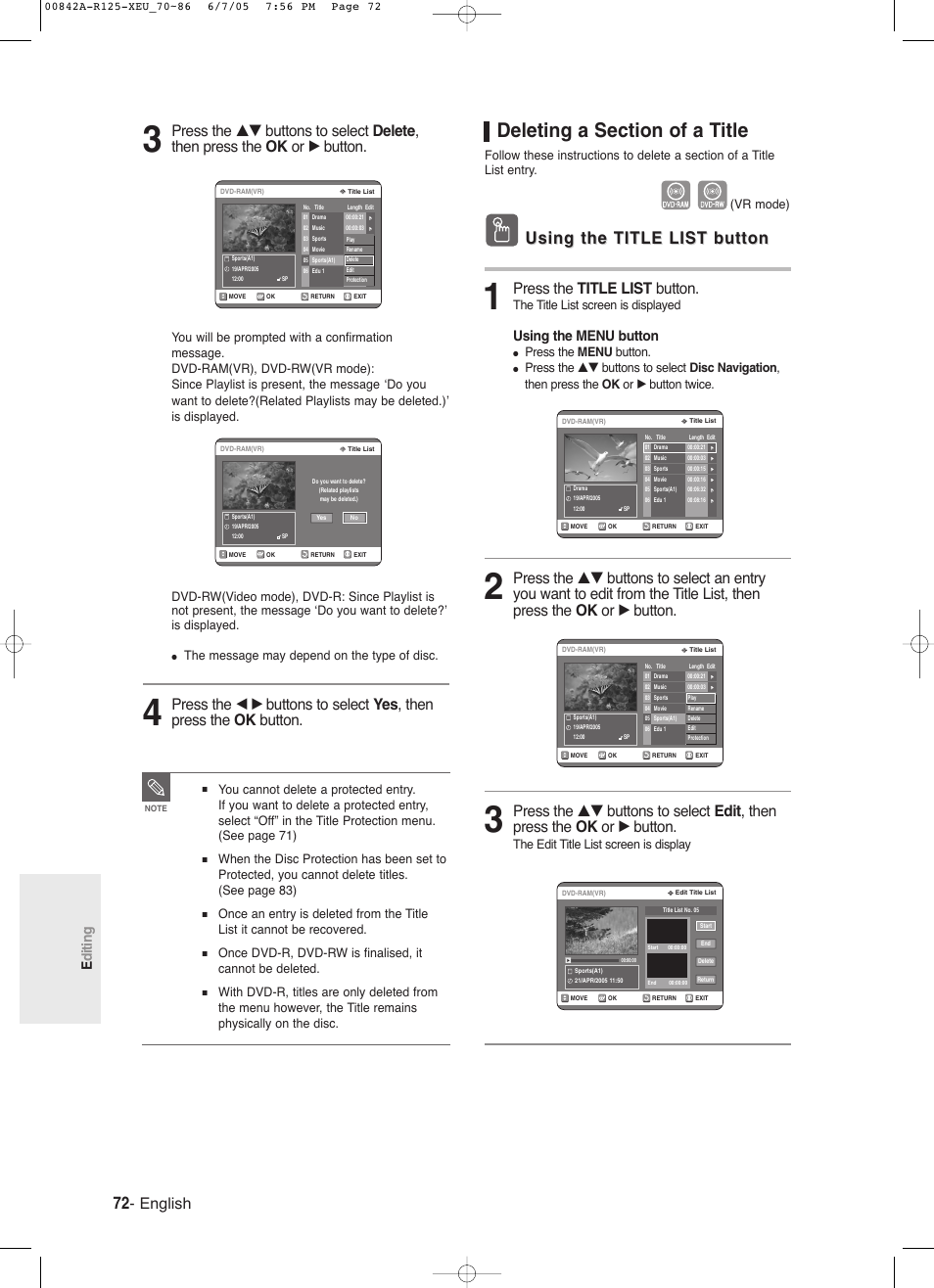 Deleting a section of a title, Using the title list button, English | Press the title list button, Editing, Using the menu button, The title list screen is displayed, Press the menu button, The edit title list screen is display, The message may depend on the type of disc | Samsung DVD-R125 User Manual | Page 72 / 93