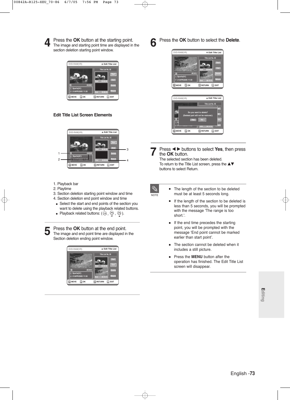 English, Press the ok button at the starting point, Press the ok button at the end point | Press the ok button to select the delete, Editing, Edit title list screen elements, Playback related buttons: ( , , ) | Samsung DVD-R125 User Manual | Page 73 / 93