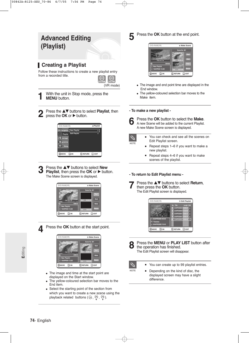 Advanced editing (playlist), Creating a playlist, English | Press the ok button at the end point, Press the ok button to select the make, With the unit in stop mode, press the menu button, Press the ok button at the start point, Editing | Samsung DVD-R125 User Manual | Page 74 / 93