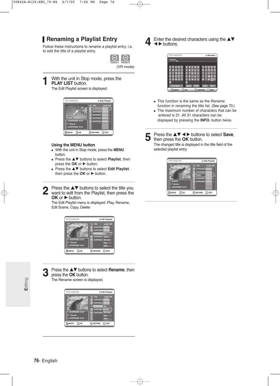 Renaming a playlist entry, English, Editing | Using the menu button, The edit playlist screen is displayed, With the unit in stop mode, press the menu button, The rename screen is displayed, Vr mode) | Samsung DVD-R125 User Manual | Page 76 / 93