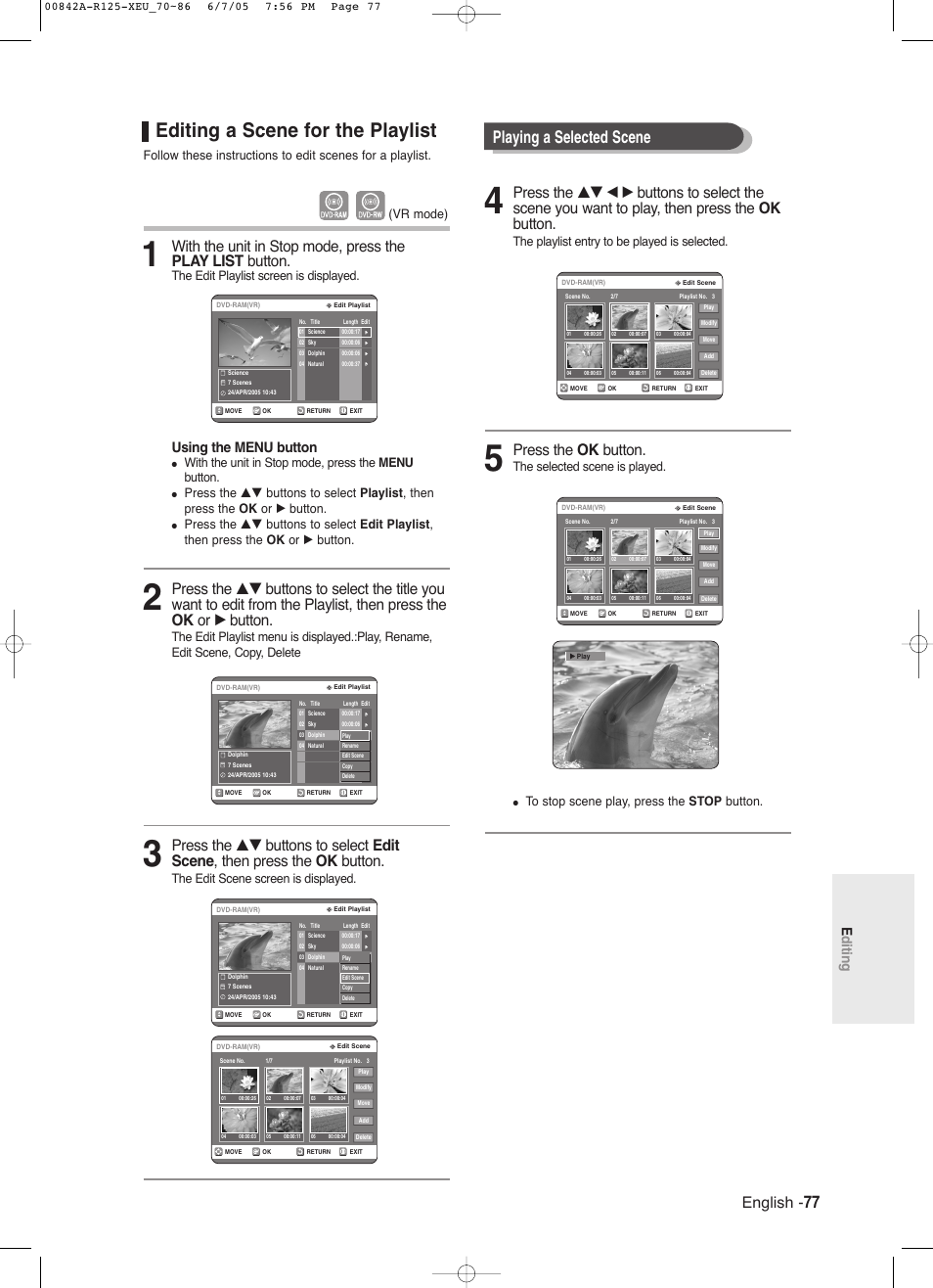 Editing a scene for the playlist, Playing a selected scene, English | Press the ok button, Editing, Using the menu button, The edit playlist screen is displayed, With the unit in stop mode, press the menu button, The edit scene screen is displayed, Vr mode) | Samsung DVD-R125 User Manual | Page 77 / 93