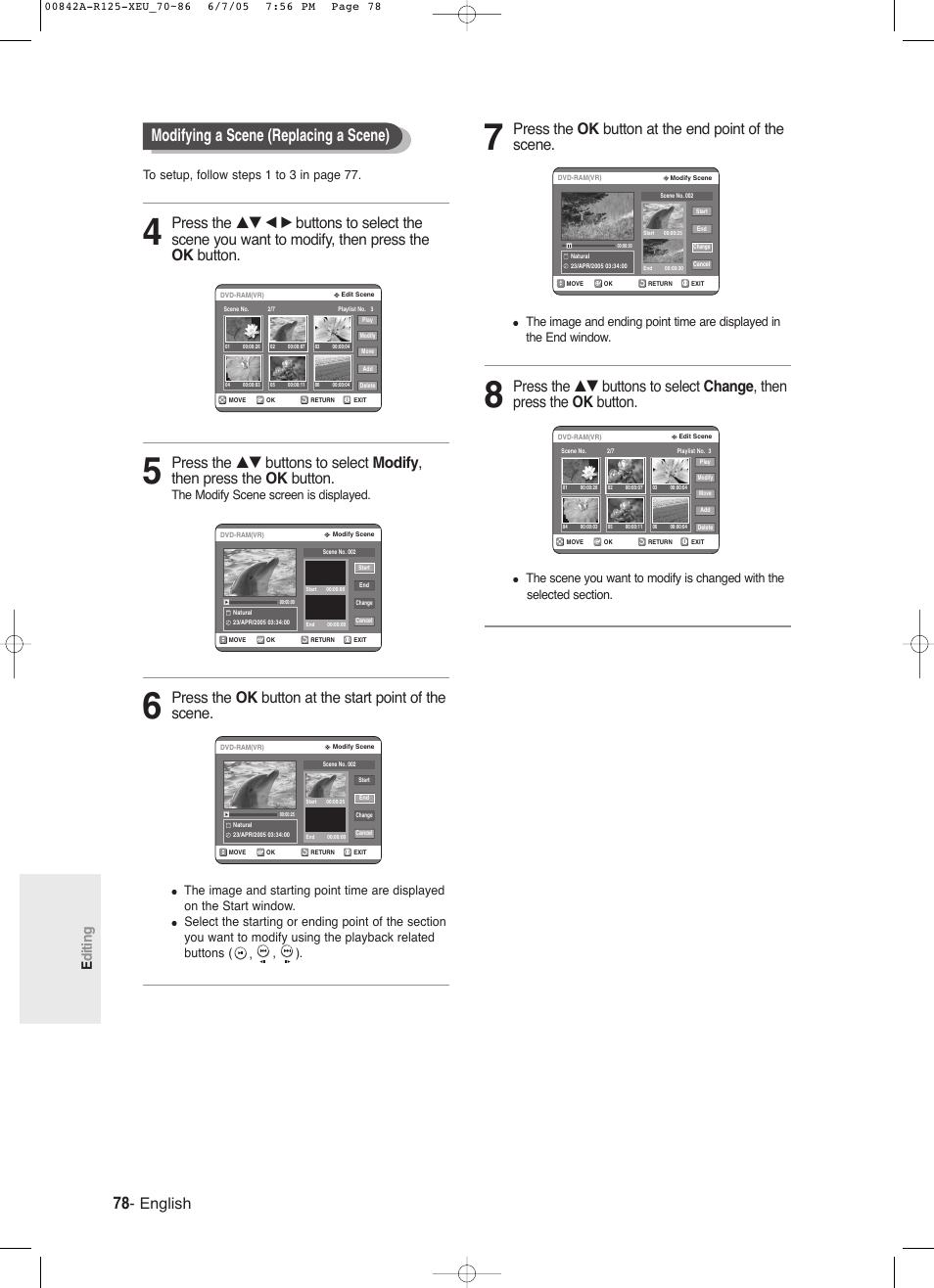 Modifying a scene (replacing a scene), English, Press the ok button at the end point of the scene | Editing, The modify scene screen is displayed | Samsung DVD-R125 User Manual | Page 78 / 93