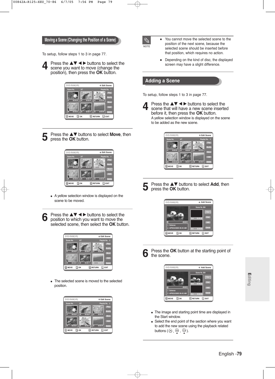 Moving a scene (changing the position of a scene), Adding a scene, English | Editing | Samsung DVD-R125 User Manual | Page 79 / 93