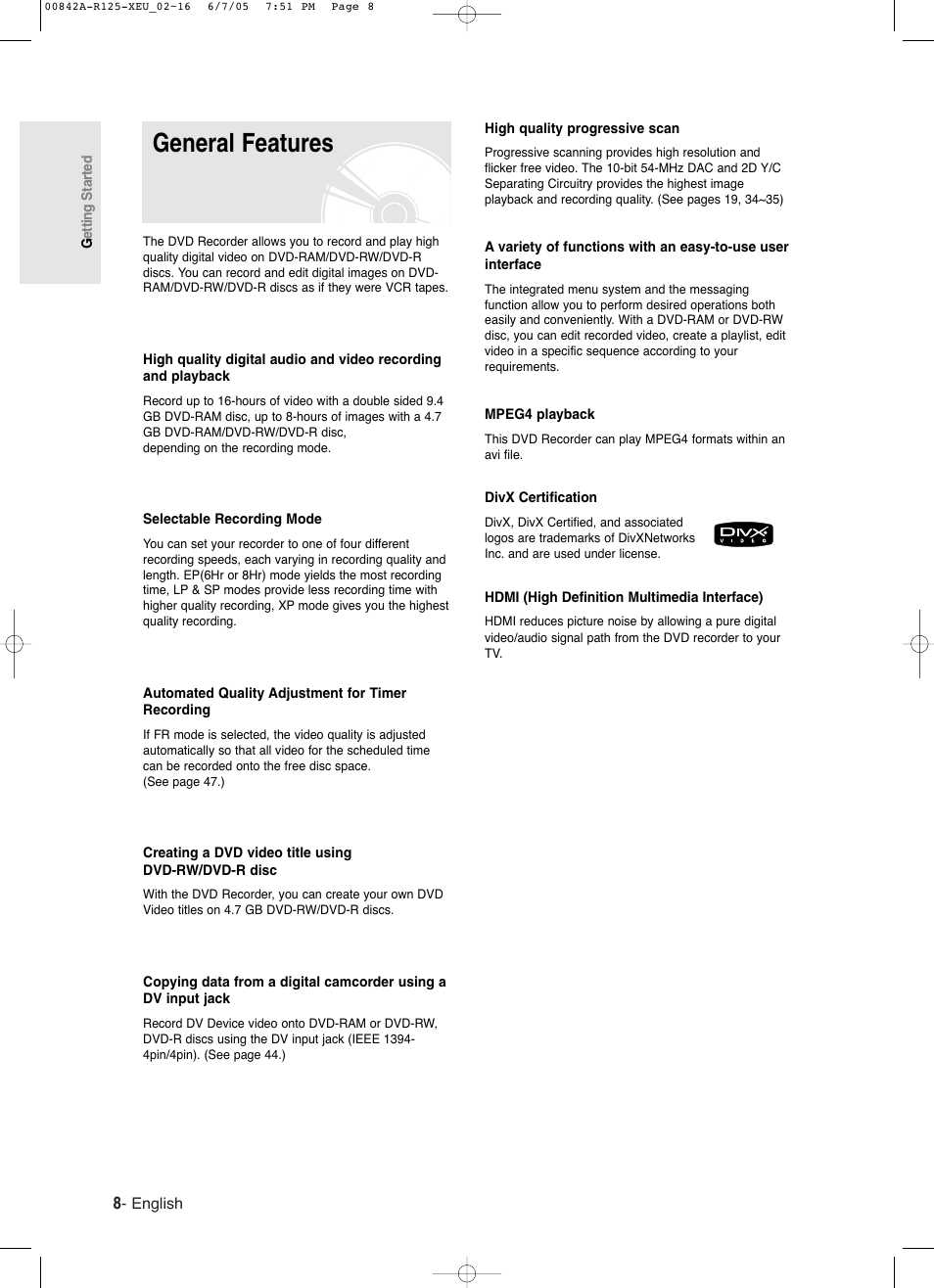 General features | Samsung DVD-R125 User Manual | Page 8 / 93