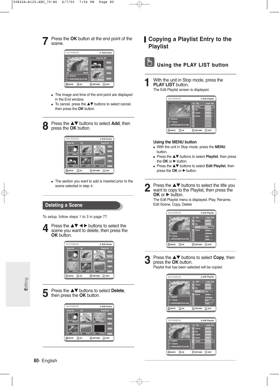 Copying a playlist entry to the playlist, Deleting a scene, Using the pla | Using the pla y y list button list button, English, Press the ok button at the end point of the scene, Editing, Using the menu button, The edit playlist screen is displayed, With the unit in stop mode, press the menu button | Samsung DVD-R125 User Manual | Page 80 / 93