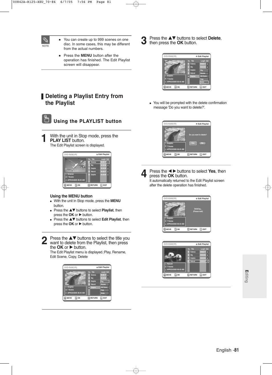 Deleting a playlist entry from the playlist, Using the pla, Using the pla ylist button ylist button | English, Editing, Using the menu button, The edit playlist screen is displayed, With the unit in stop mode, press the menu button | Samsung DVD-R125 User Manual | Page 81 / 93