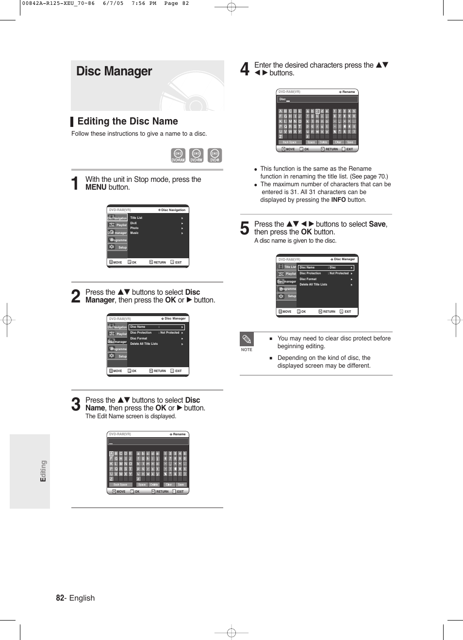 Disc manager, Editing the disc name, English | With the unit in stop mode, press the menu button, Editing, A disc name is given to the disc, Follow these instructions to give a name to a disc, The edit name screen is displayed | Samsung DVD-R125 User Manual | Page 82 / 93