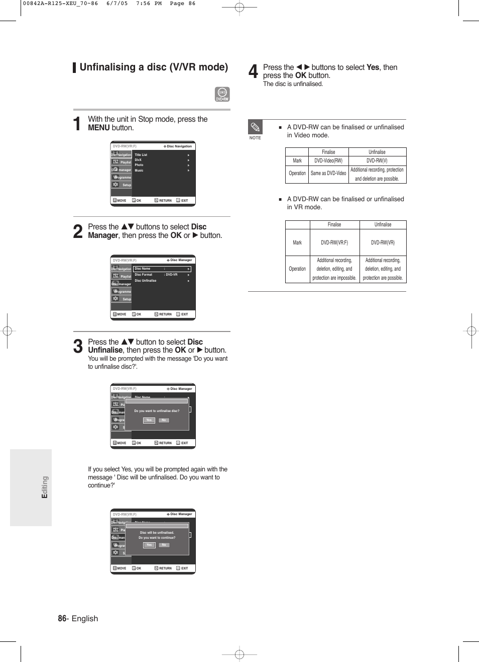 Unfinalising a disc (v/vr mode), English, With the unit in stop mode, press the menu button | Editing, The disc is unfinalised | Samsung DVD-R125 User Manual | Page 86 / 93