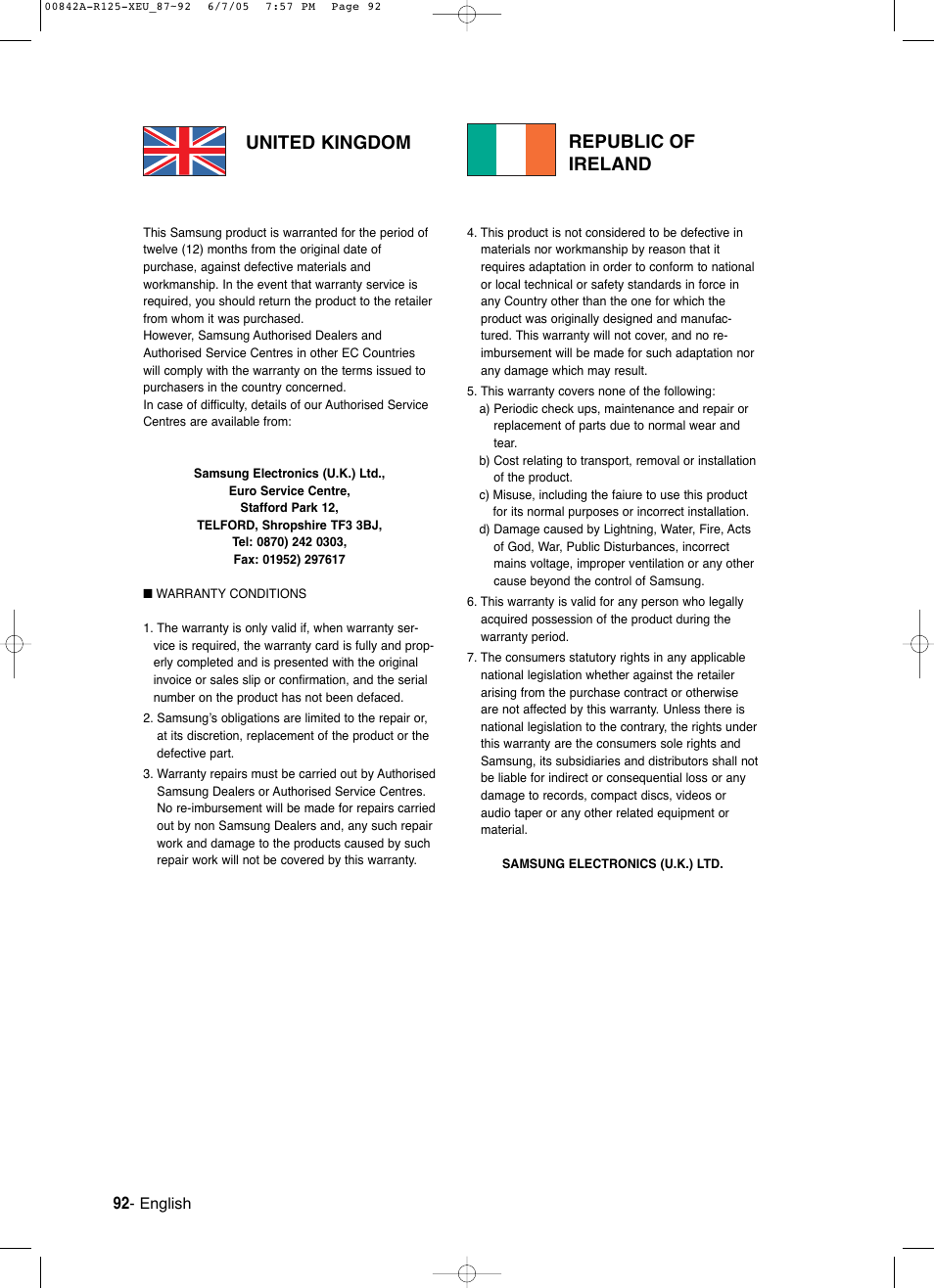 United kingdom republic of ireland | Samsung DVD-R125 User Manual | Page 92 / 93