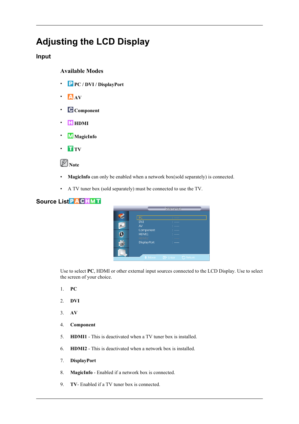 Adjusting the lcd display, Input, Source list | Samsung 400TS-3 User Manual | Page 107 / 167