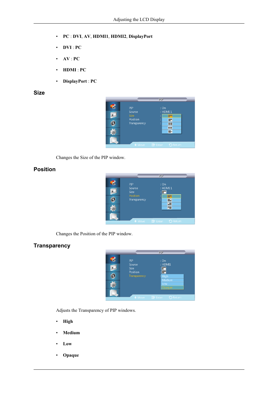 Size, Position, Transparency | Samsung 400TS-3 User Manual | Page 109 / 167