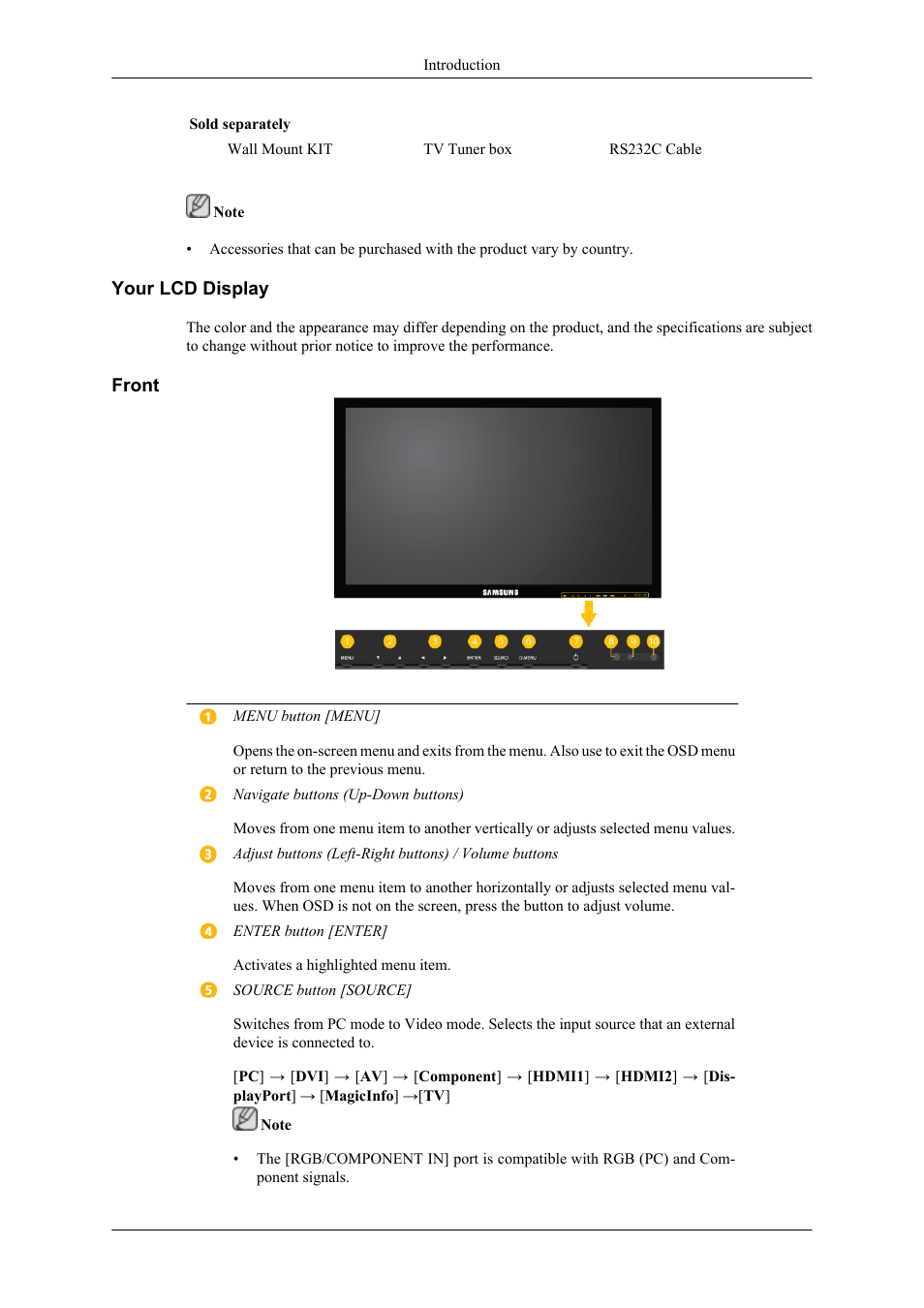 Your lcd display, Front | Samsung 400TS-3 User Manual | Page 11 / 167