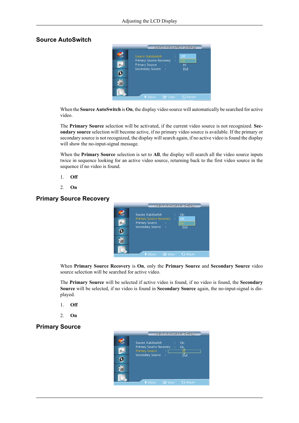 Source autoswitch, Primary source recovery, Primary source | Samsung 400TS-3 User Manual | Page 111 / 167