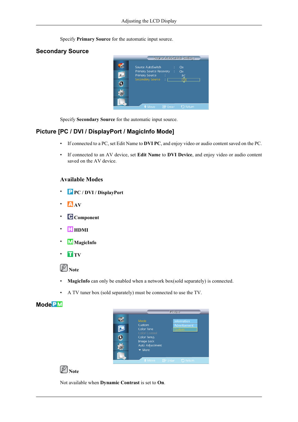 Secondary source, Picture [pc / dvi / displayport / magicinfo mode, Mode | Samsung 400TS-3 User Manual | Page 112 / 167