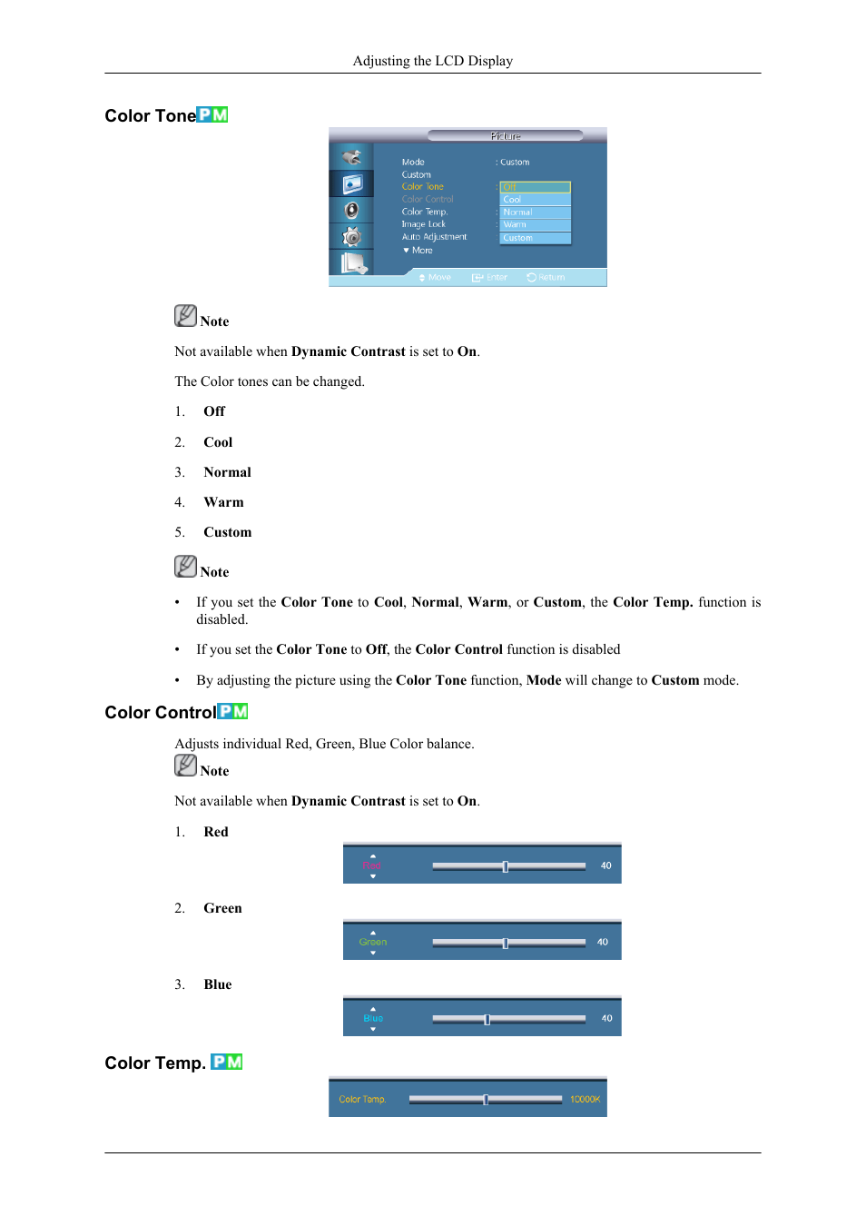 Color tone, Color control, Color temp | Samsung 400TS-3 User Manual | Page 114 / 167