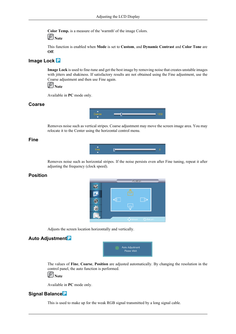 Image lock, Coarse, Fine | Position, Auto adjustment, Signal balance | Samsung 400TS-3 User Manual | Page 115 / 167