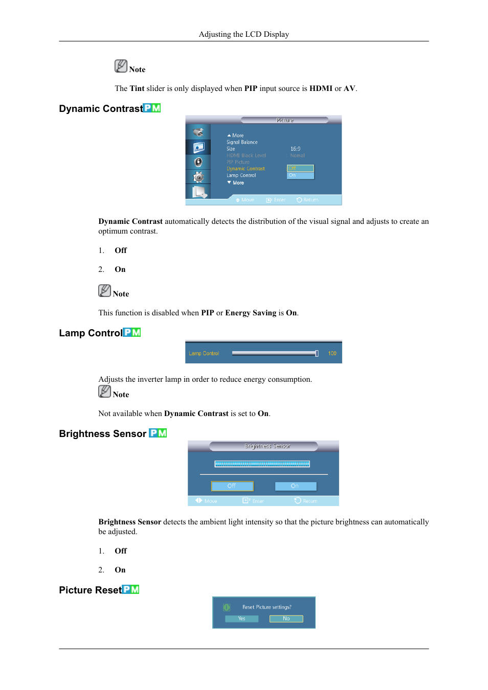 Dynamic contrast, Lamp control, Brightness sensor | Picture reset | Samsung 400TS-3 User Manual | Page 118 / 167