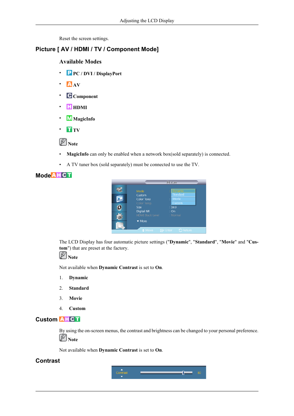 Picture [ av / hdmi / tv / component mode, Mode, Custom | Contrast | Samsung 400TS-3 User Manual | Page 119 / 167