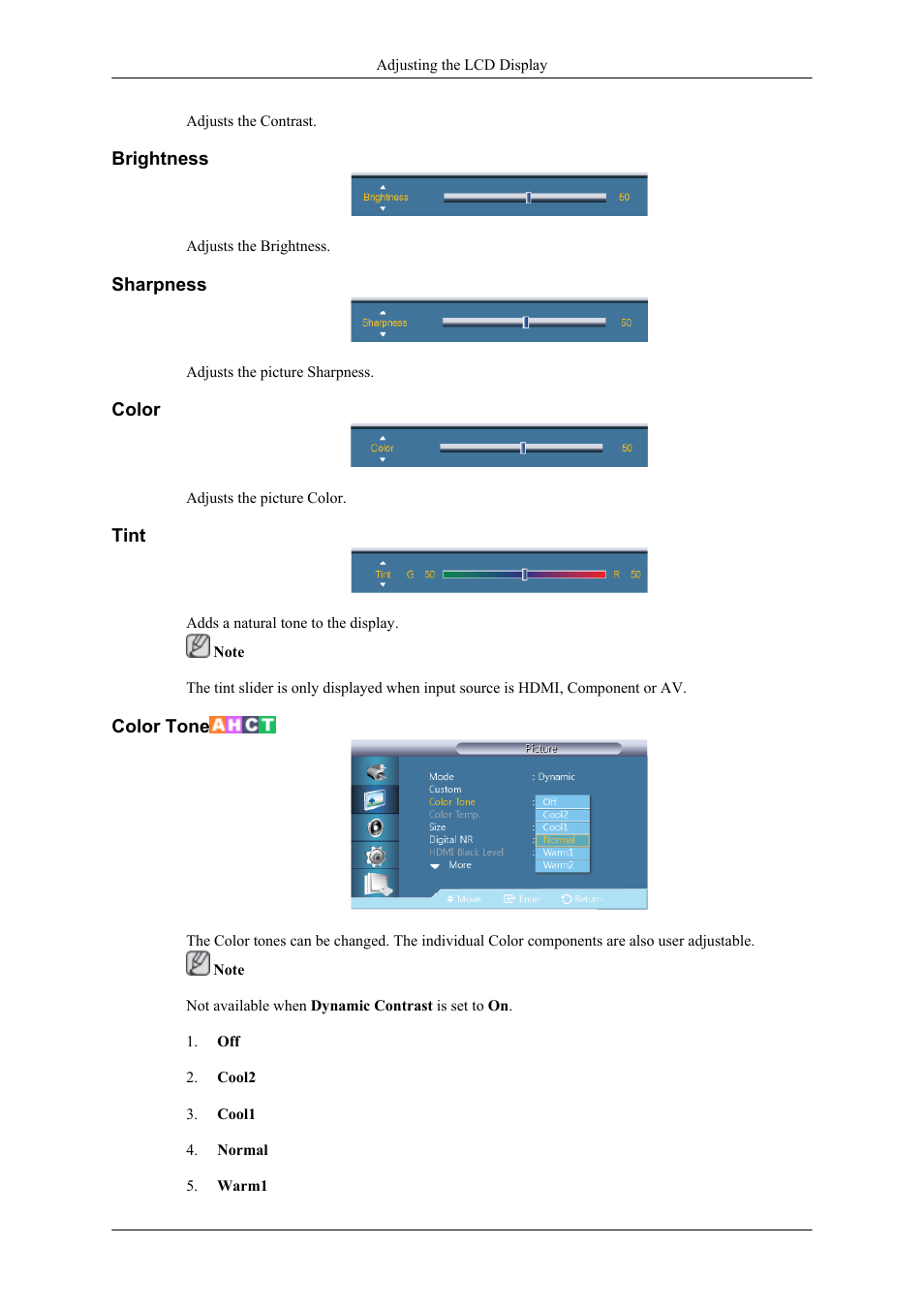 Brightness, Sharpness, Color | Tint, Color tone | Samsung 400TS-3 User Manual | Page 120 / 167