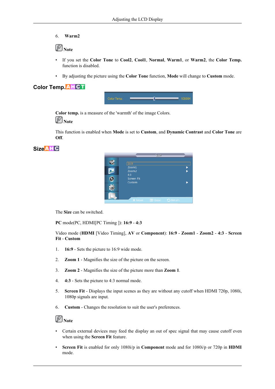 Color temp, Size | Samsung 400TS-3 User Manual | Page 121 / 167