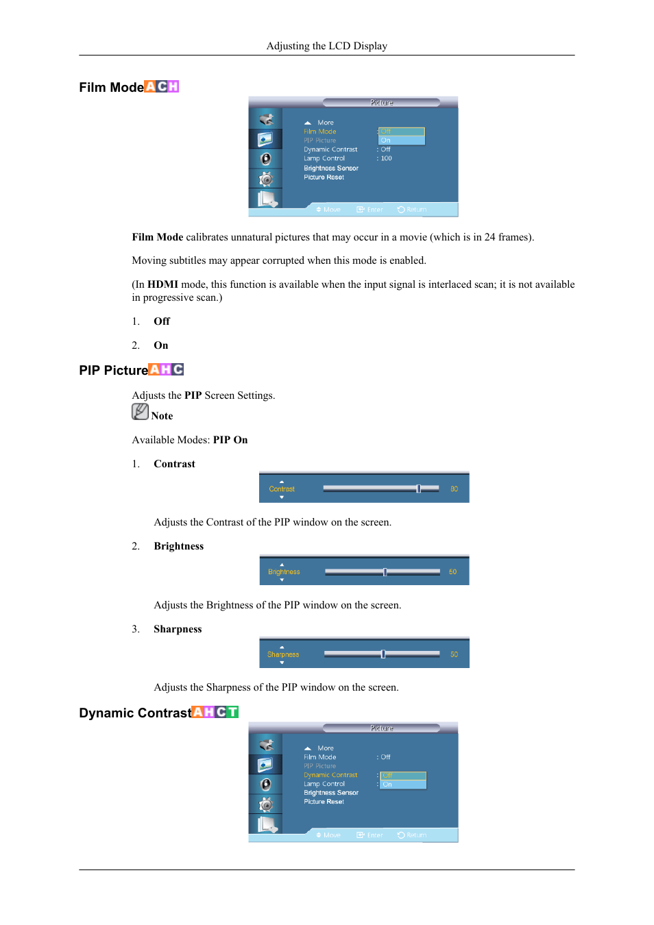 Film mode, Pip picture, Dynamic contrast | Samsung 400TS-3 User Manual | Page 123 / 167
