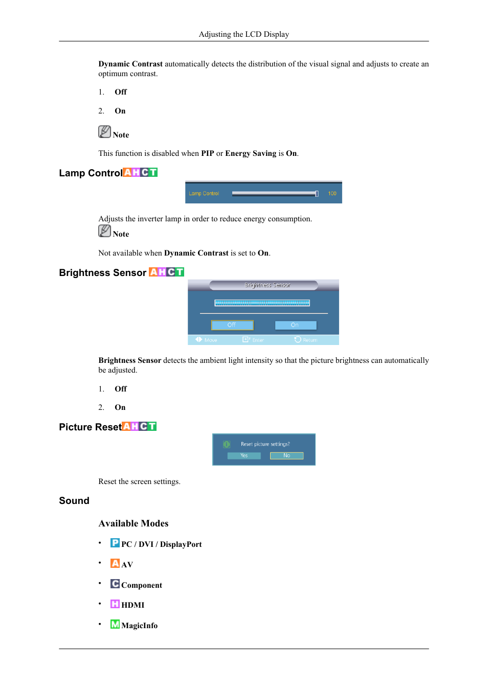 Lamp control, Brightness sensor, Picture reset | Sound | Samsung 400TS-3 User Manual | Page 124 / 167