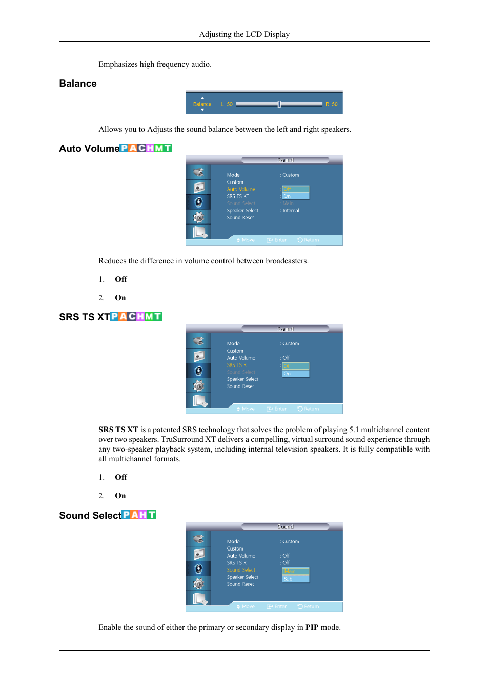 Balance, Auto volume, Srs ts xt | Sound select | Samsung 400TS-3 User Manual | Page 126 / 167