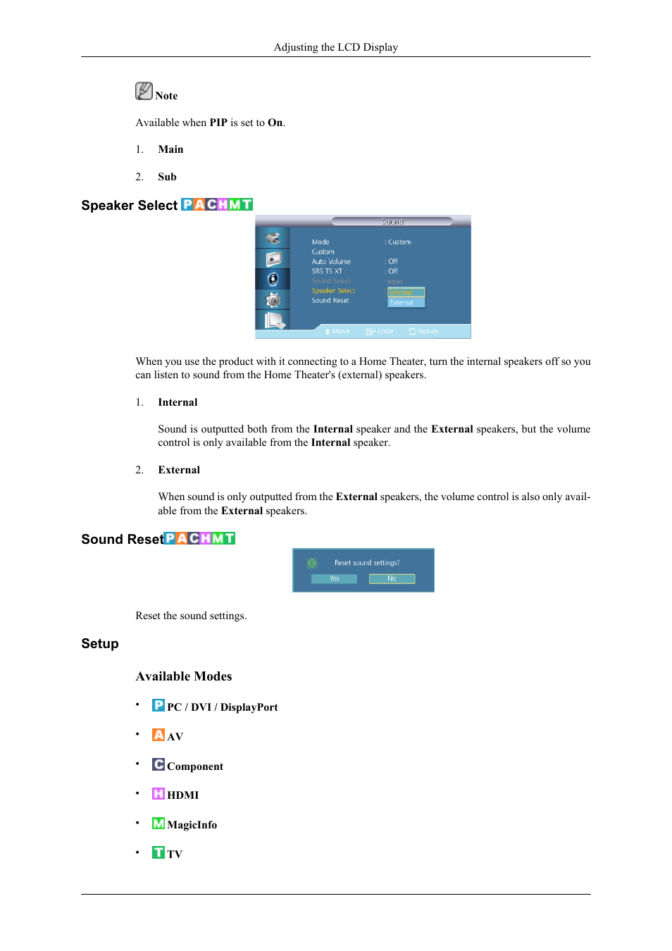 Speaker select, Sound reset, Setup | Samsung 400TS-3 User Manual | Page 127 / 167