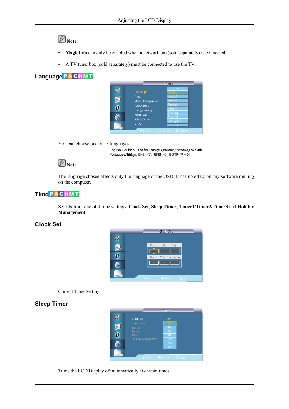 Language, Time, Clock set | Sleep timer | Samsung 400TS-3 User Manual | Page 128 / 167