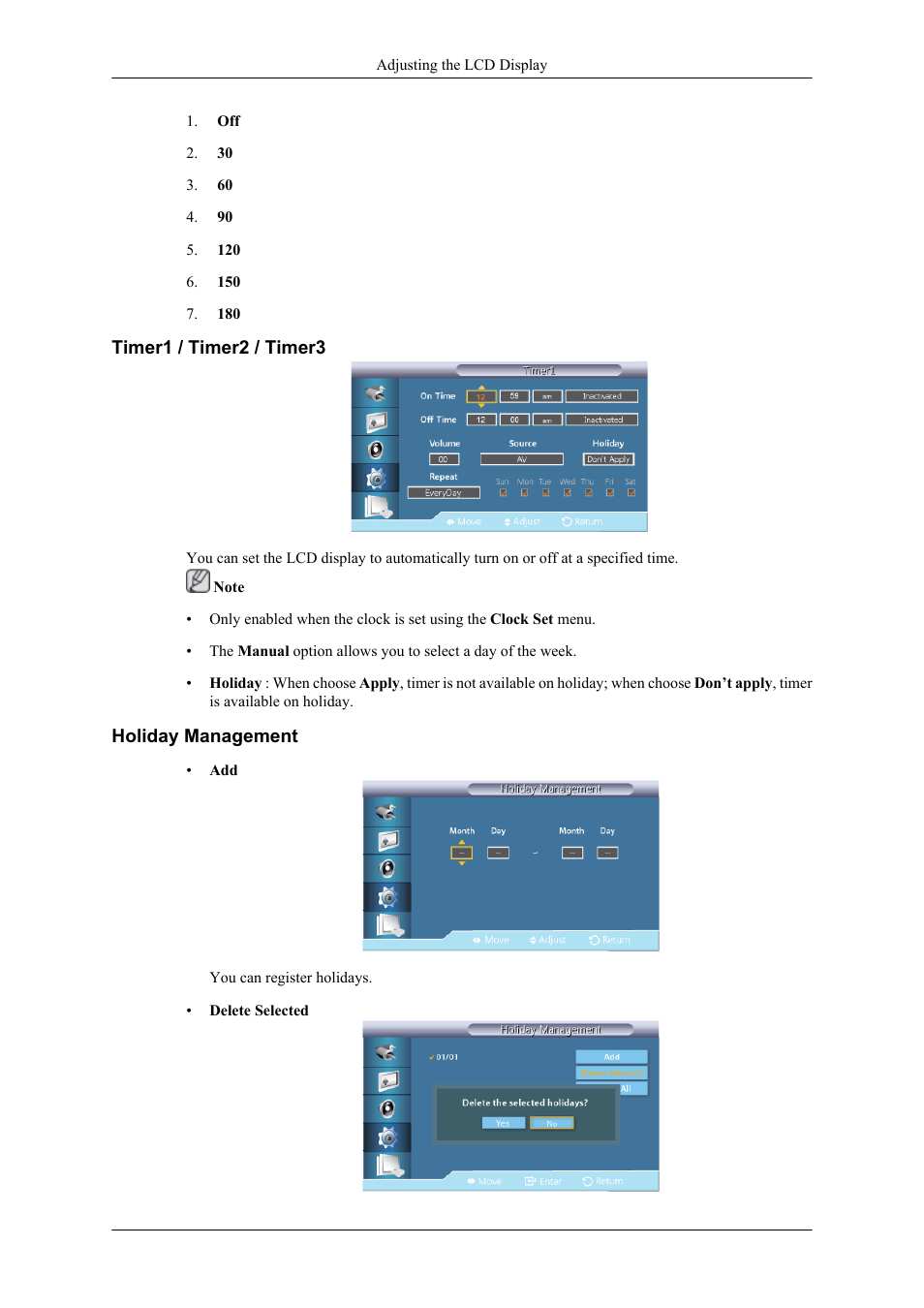 Timer1 / timer2 / timer3, Holiday management | Samsung 400TS-3 User Manual | Page 129 / 167