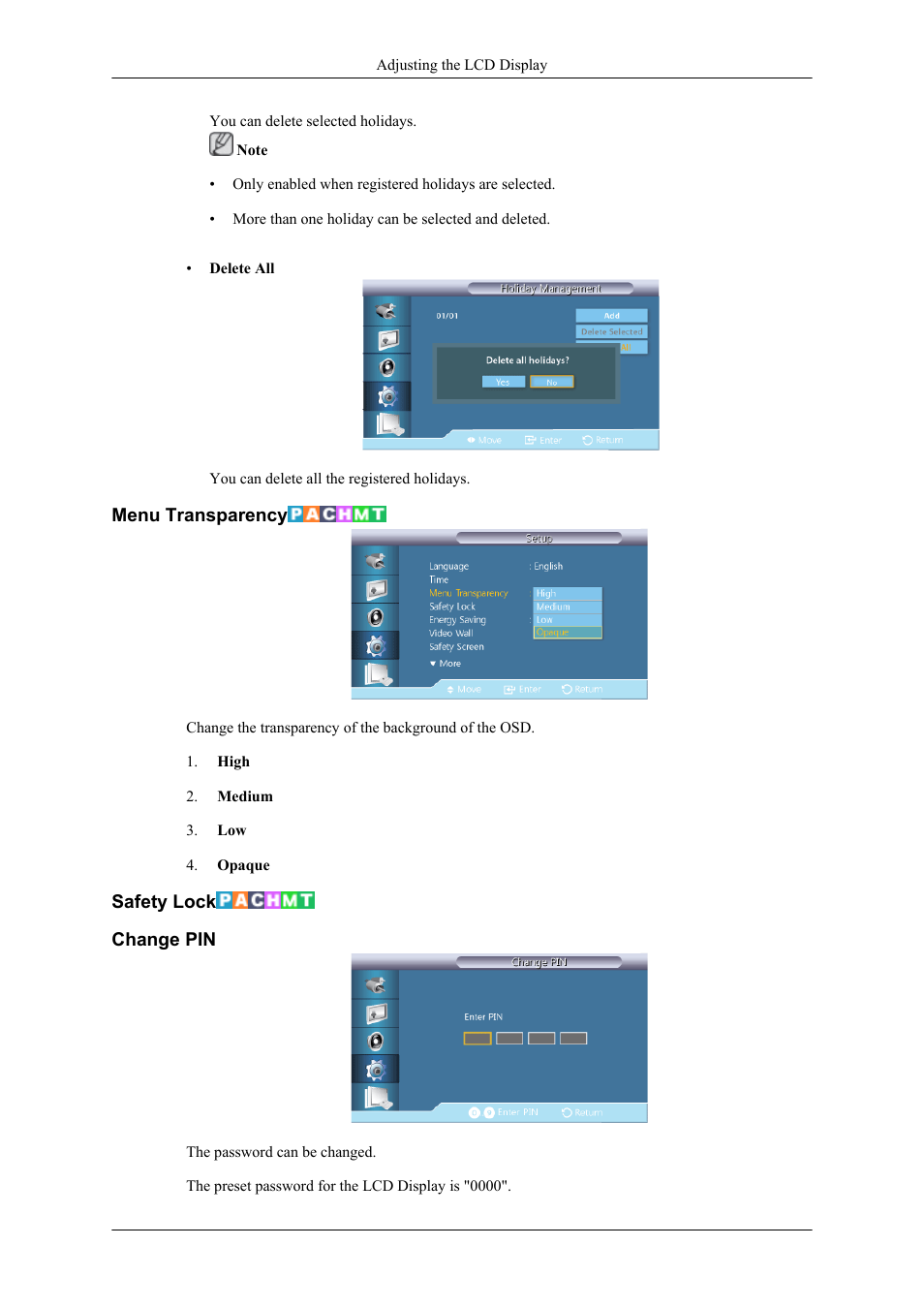 Menu transparency, Safety lock, Change pin | Samsung 400TS-3 User Manual | Page 130 / 167