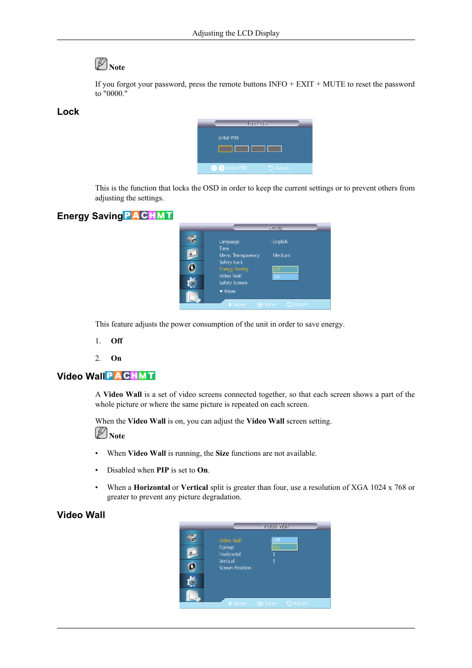 Lock, Energy saving, Video wall | Samsung 400TS-3 User Manual | Page 131 / 167