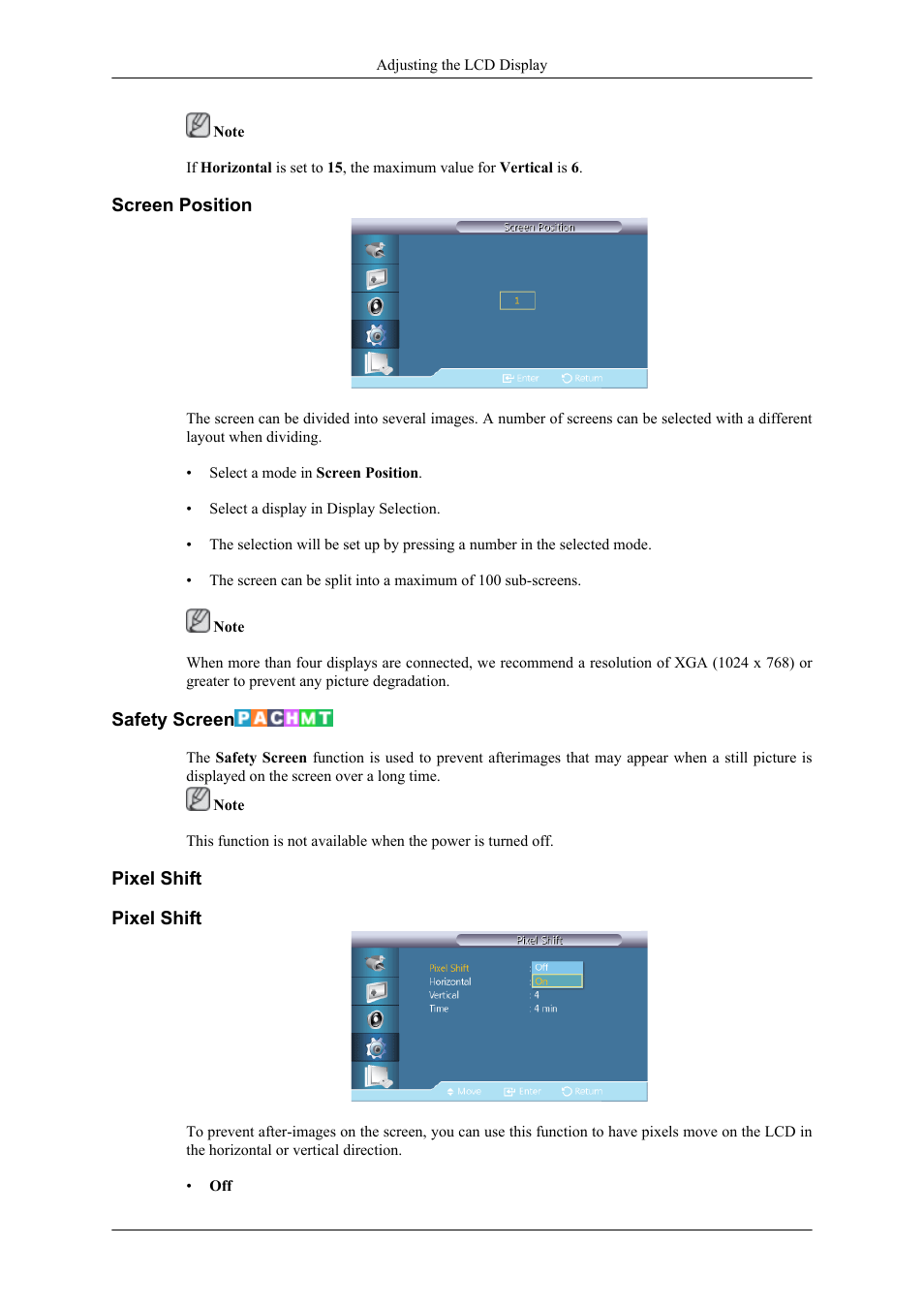 Screen position, Safety screen, Pixel shift | Samsung 400TS-3 User Manual | Page 133 / 167