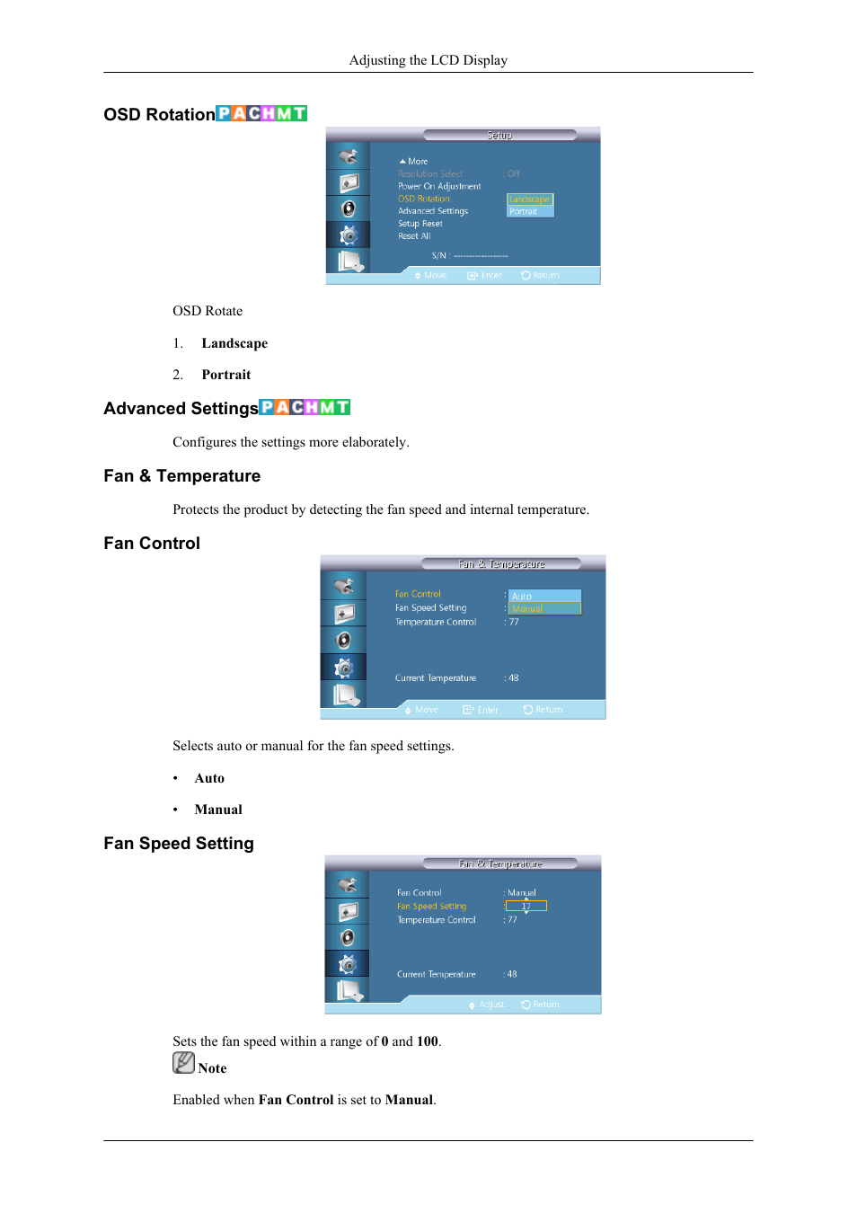 Osd rotation, Advanced settings, Fan & temperature | Fan control, Fan speed setting | Samsung 400TS-3 User Manual | Page 138 / 167