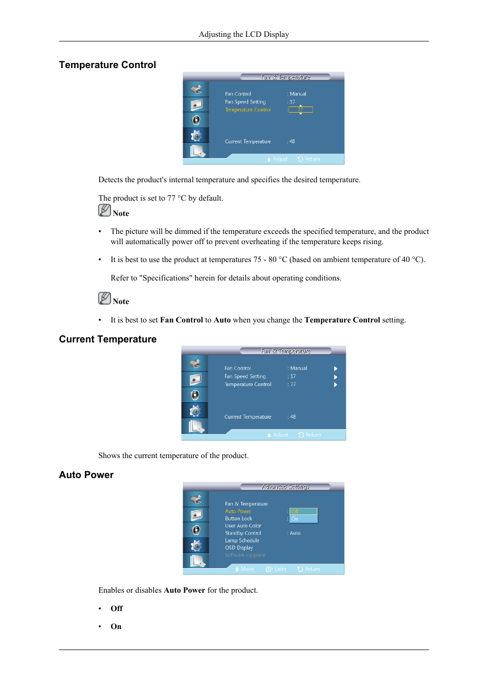 Temperature control, Current temperature, Auto power | Samsung 400TS-3 User Manual | Page 139 / 167