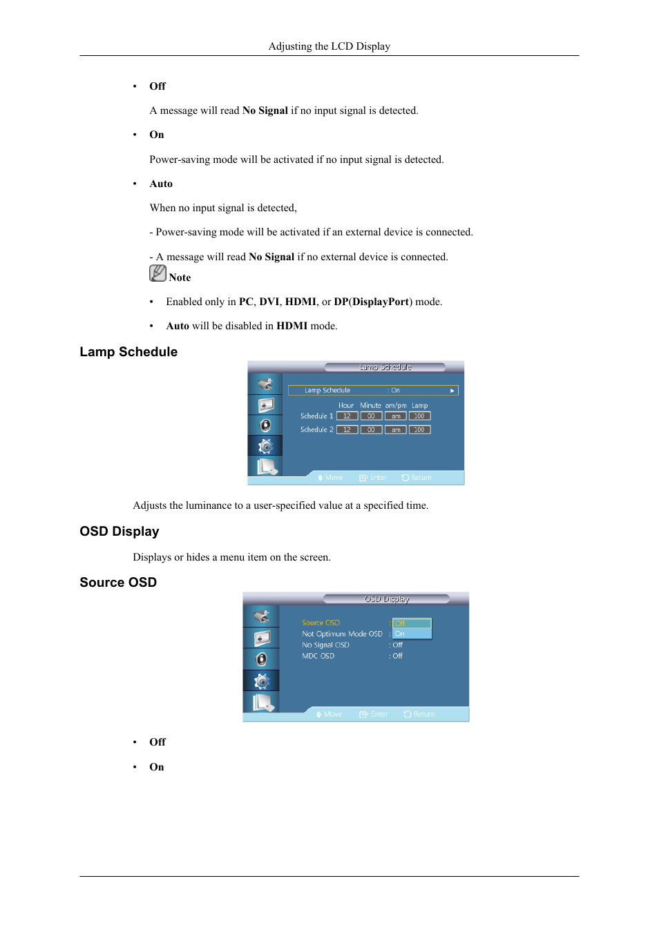 Lamp schedule, Osd display, Source osd | Samsung 400TS-3 User Manual | Page 141 / 167