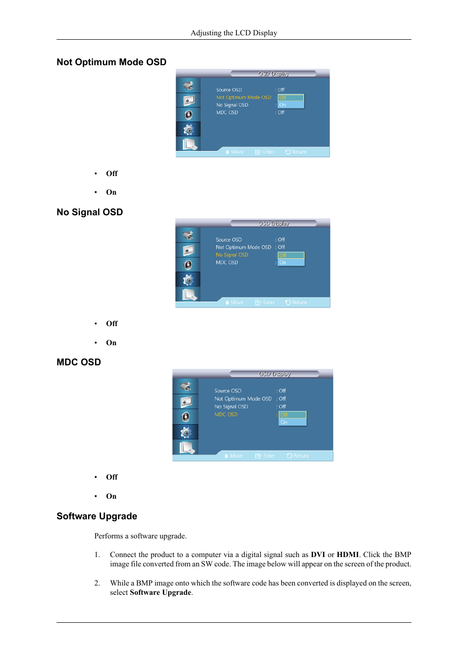 Not optimum mode osd, No signal osd, Mdc osd | Software upgrade | Samsung 400TS-3 User Manual | Page 142 / 167