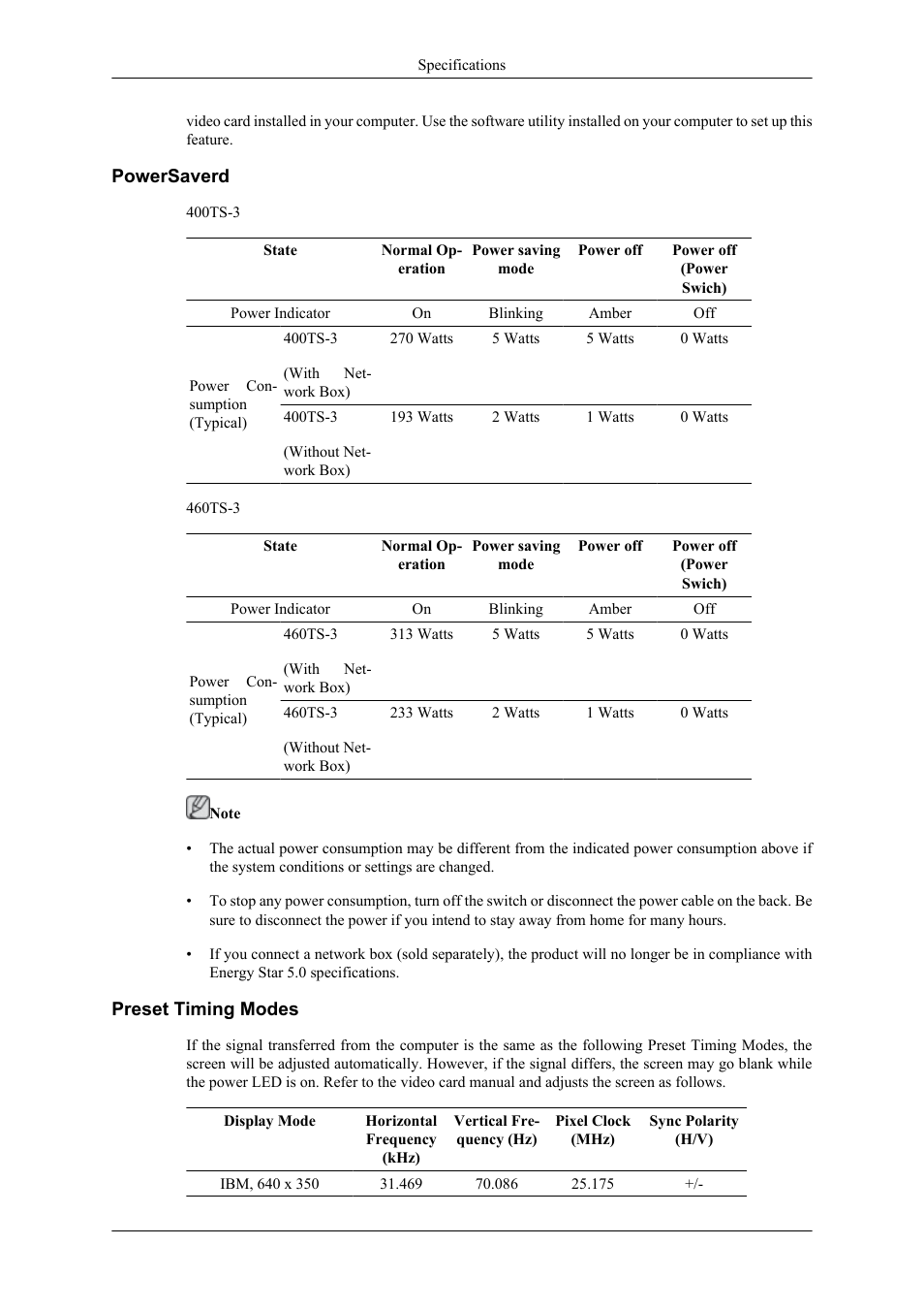 Powersaverd, Preset timing modes | Samsung 400TS-3 User Manual | Page 156 / 167