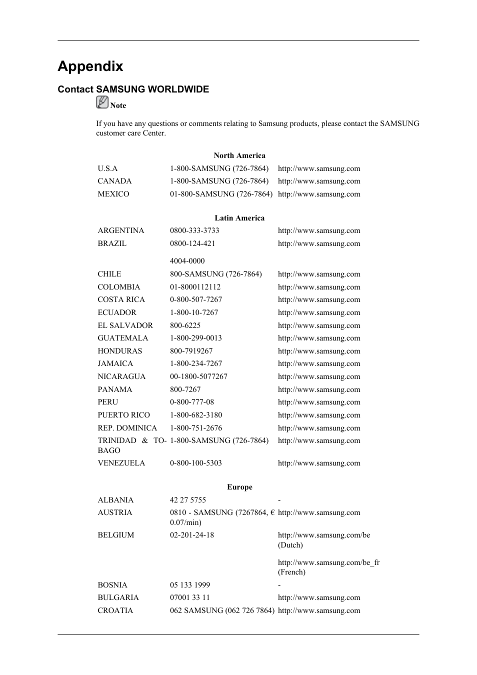 Appendix, Contact samsung worldwide | Samsung 400TS-3 User Manual | Page 162 / 167