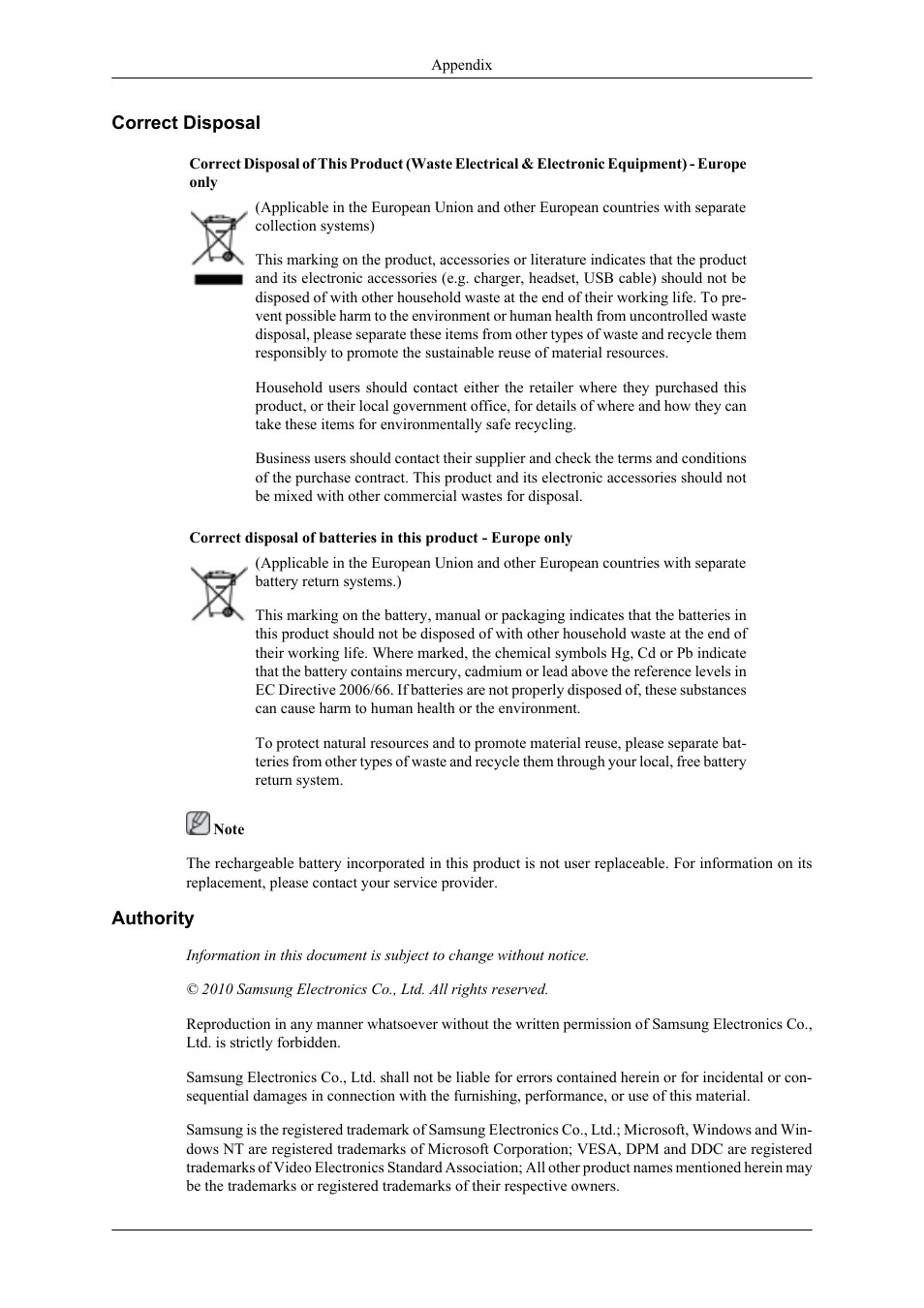 Correct disposal, Authority | Samsung 400TS-3 User Manual | Page 166 / 167