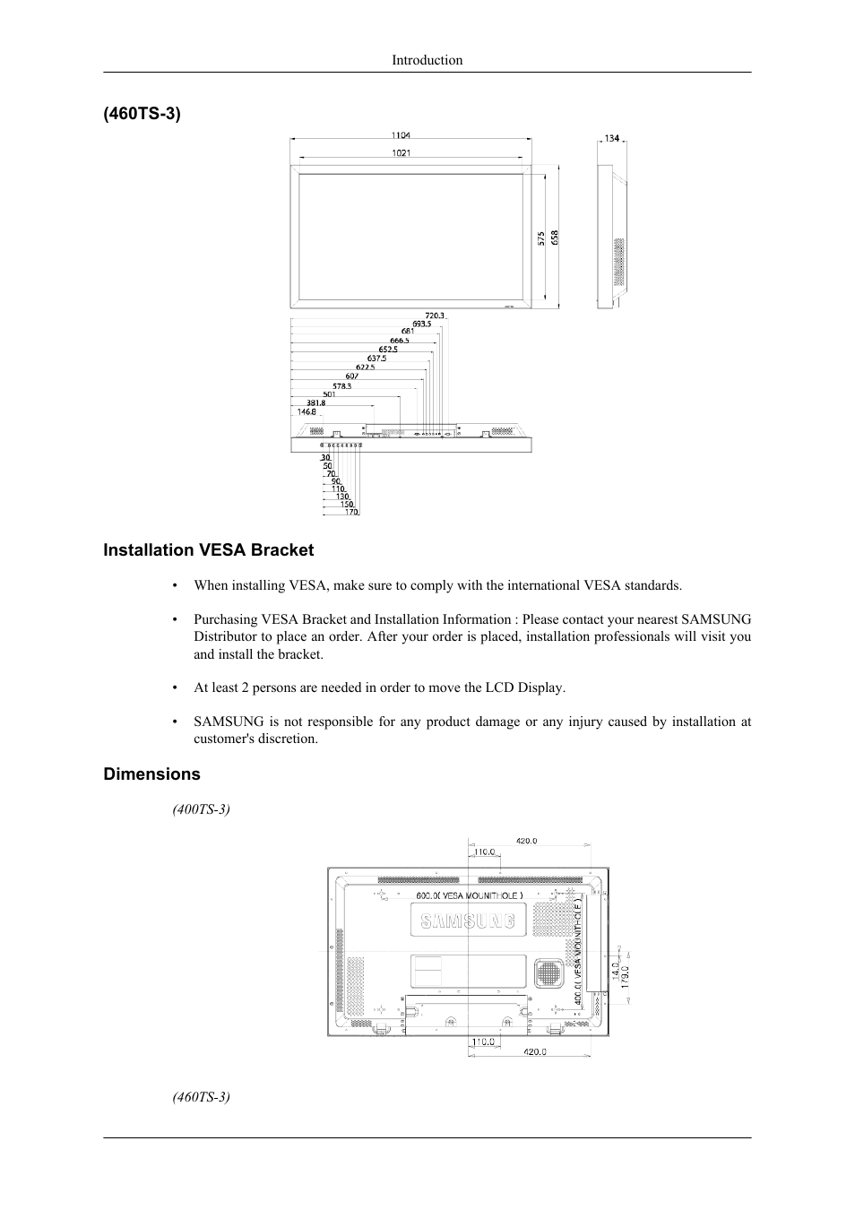 460ts-3), Installation vesa bracket, Dimensions | Samsung 400TS-3 User Manual | Page 23 / 167