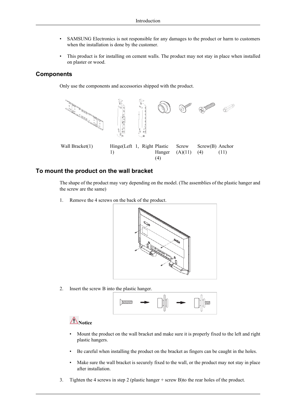 Components, To mount the product on the wall bracket | Samsung 400TS-3 User Manual | Page 26 / 167