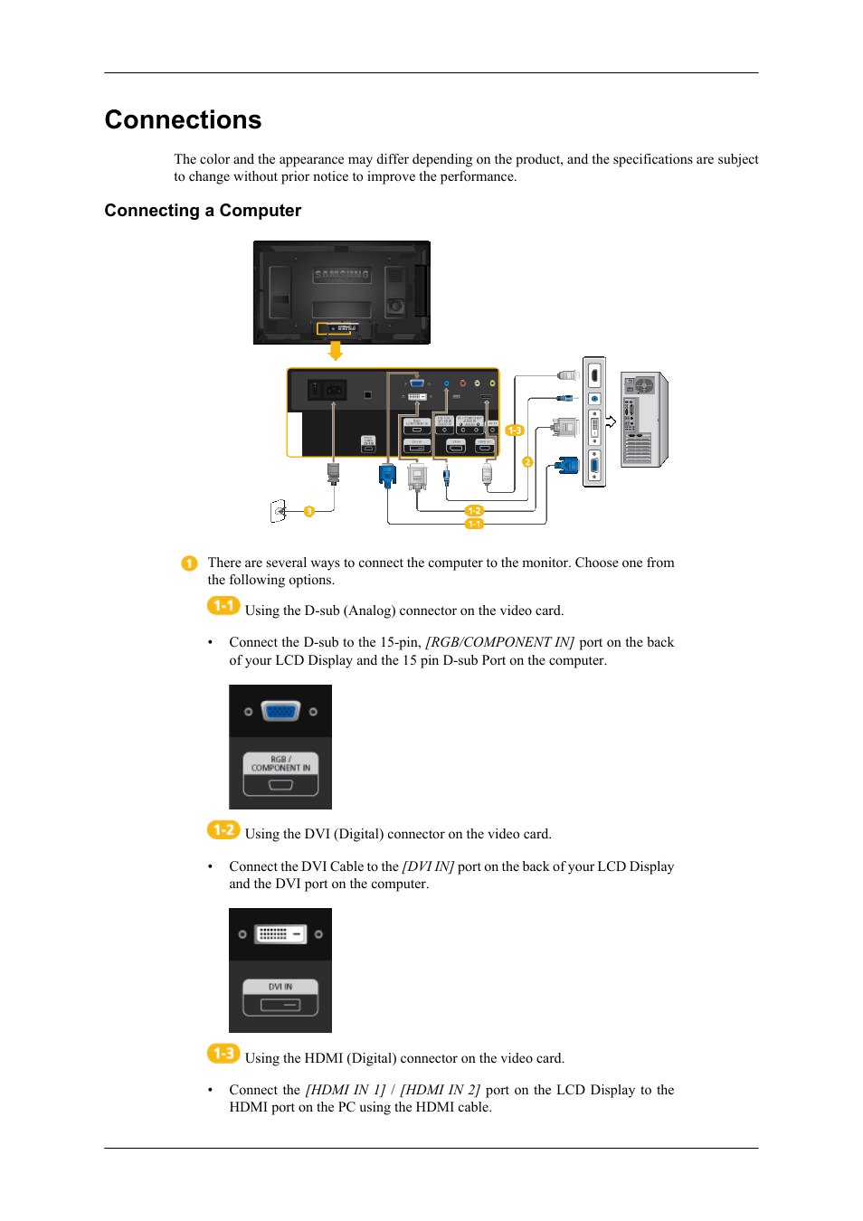 Connections, Connecting a computer | Samsung 400TS-3 User Manual | Page 38 / 167