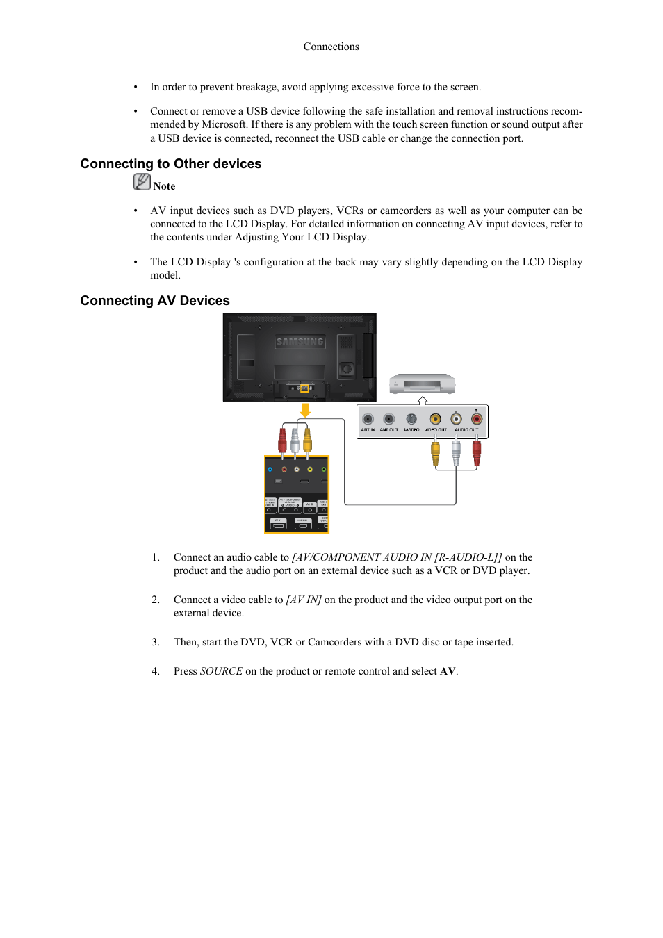 Connecting to other devices, Connecting av devices | Samsung 400TS-3 User Manual | Page 42 / 167