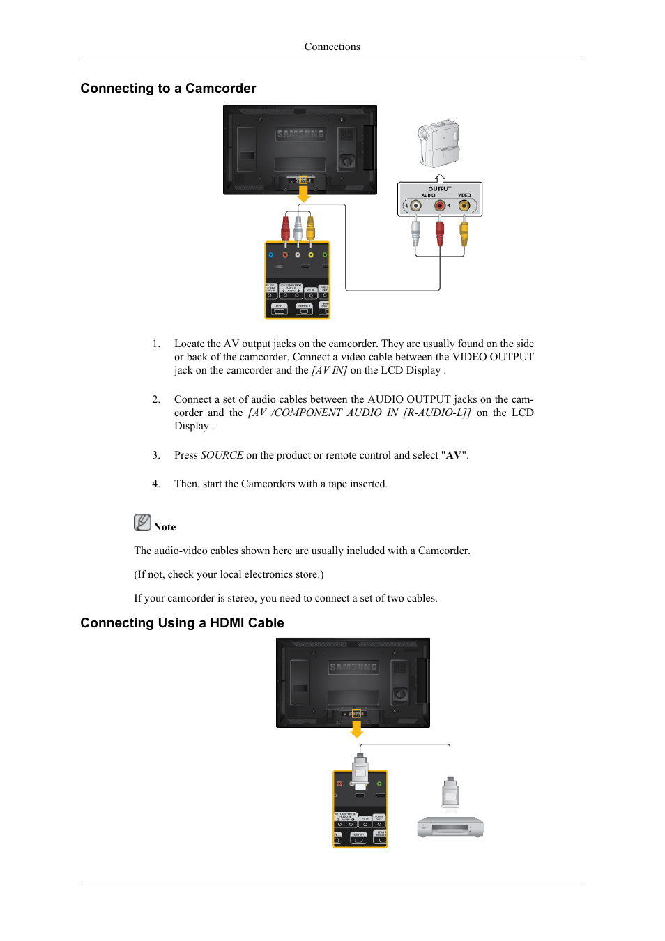 Connecting to a camcorder, Connecting using a hdmi cable | Samsung 400TS-3 User Manual | Page 43 / 167