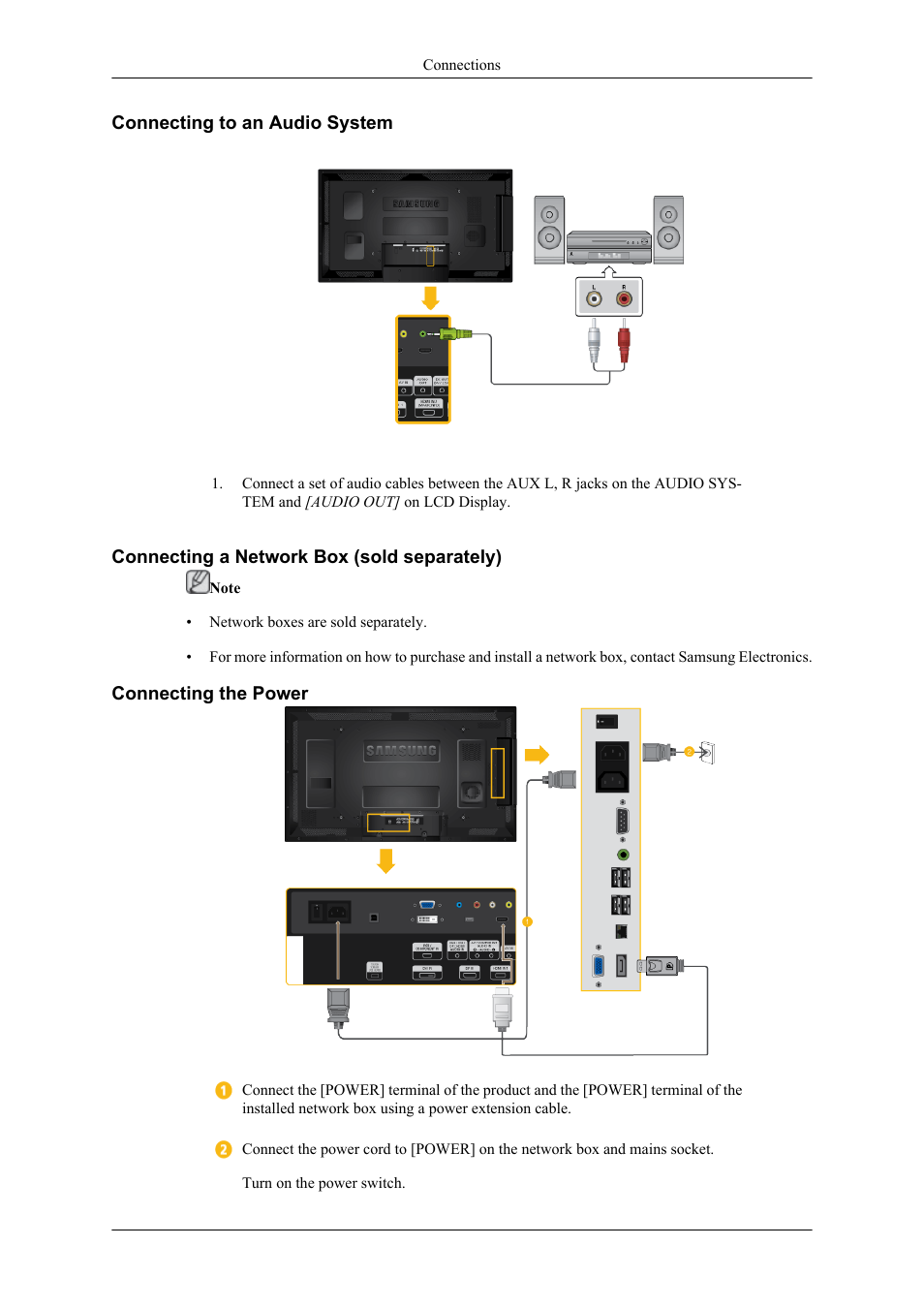 Connecting to an audio system, Connecting a network box (sold separately), Connecting the power | Samsung 400TS-3 User Manual | Page 46 / 167